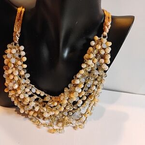 Signed Rush- Denis & Charles Biege Silk Cord Multi Strand Crystal Bead Necklace